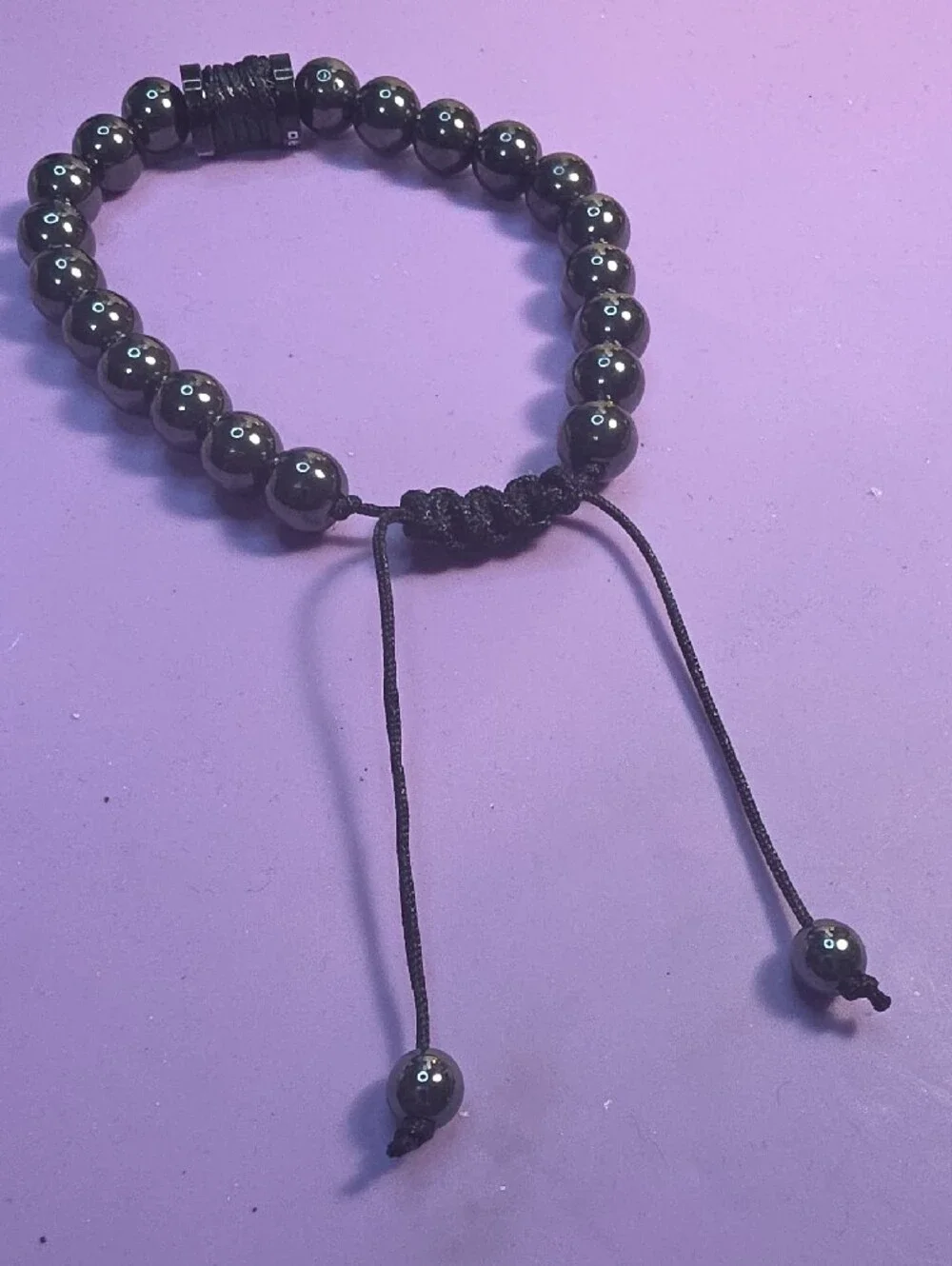 Men’s Black Magnetic Hematite Beaded Adjustable Bracelet with Branded Accent